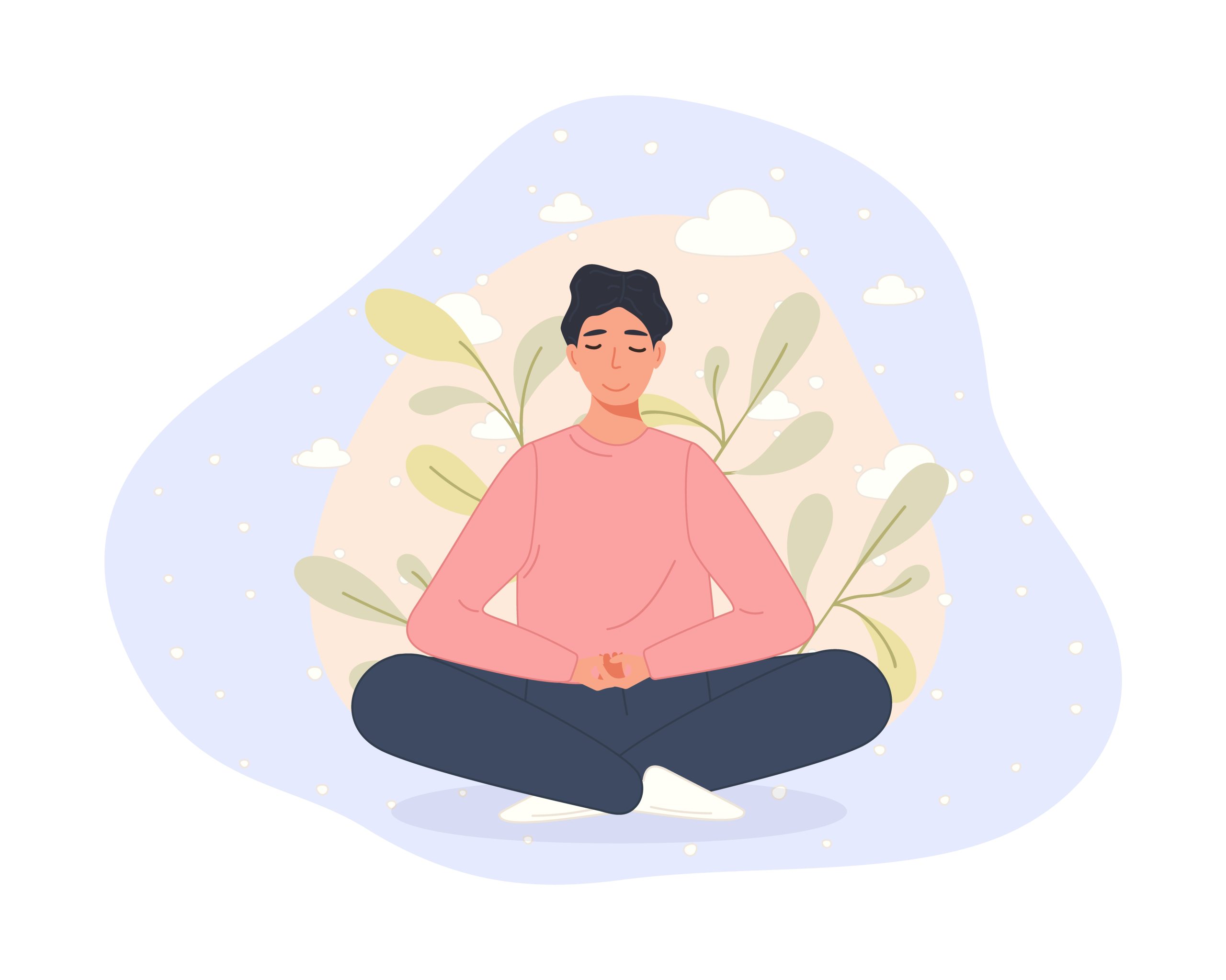 Men sitting on floor and meditating in lotus pose. Yoga meditation practice concept in cartoon style. Vector illustration healthy lifestyle