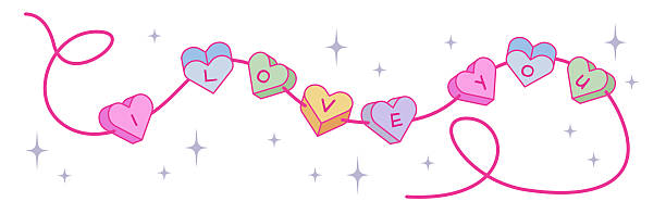 Heart candy Valentine garland with love letter beads and sparkles for romantic decoration or greeting cards. Colorful string of sweets with words for February 14 celebration. Cute festive design.